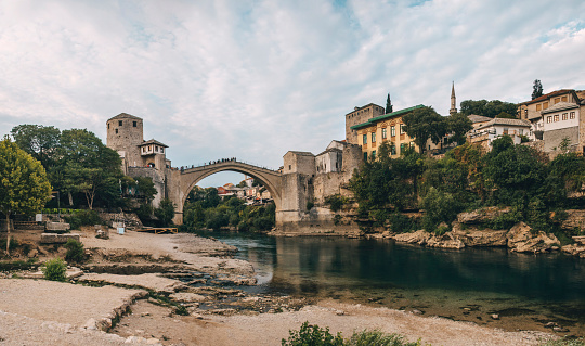 A panoramic view of the city of Mostar in Bosnia and Herzegovina, as seen from the Old Bridge.