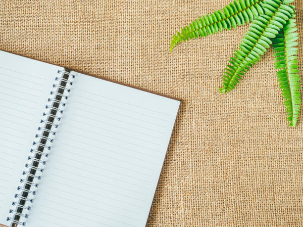 istock White note book and green leaf on brown sack background. 845918620