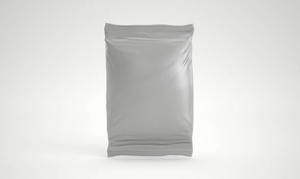 istock 3d rendering blank foil bag packaging for food, snack, coffee, cocoa, sweets, crackers, nuts, chips. Realistic plastic pack mock up isolated on white background 845922410