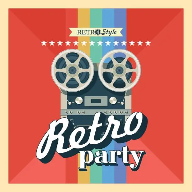 Vector illustration of Reel to reel tape. Retro party. Vector illustration poster.