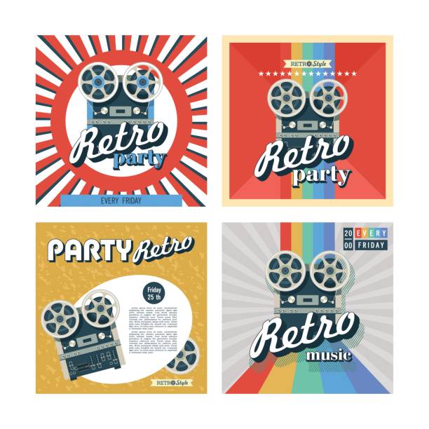 ilustraciones, imágenes clip art, dibujos animados e iconos de stock de juego de retros posters, flyers. fiesta retro. vector de la imagen de un registrador de cinta de carrete a carrete vintage. - personal cassette player