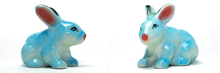 Isolated Little Blue Rabbit Ceramic Model on White Background