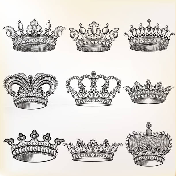 wektorowy zestaw ręcznie rysowanych szczegółowych koron do projektowania - lily fleur de lys king flower stock illustrations