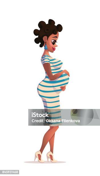 Vector Illustration Of Black Pregnant Woman Young Africanamerican Pregnant Woman Smiling And Looking At The Belly With Hands On Stomach Vector Flat Design Illustration Isolated On White Background Stock Illustration - Download Image Now