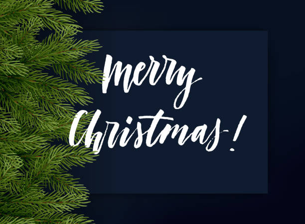 istock Dark blue christmas background with green branches of Christmas tree and lettering. Vector template 845942242