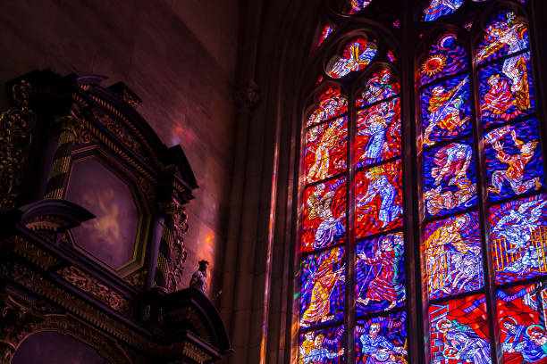 Beautiful Stained Glass Windows in european cathedral interior
