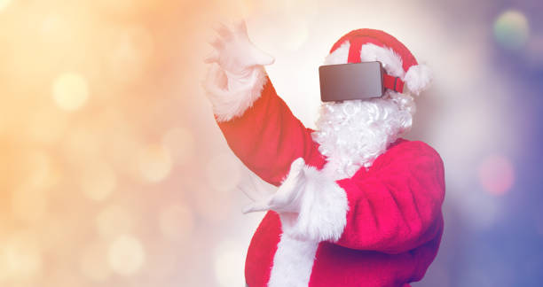 istock Funny Santa Claus have a joy with VR glasses 845946328