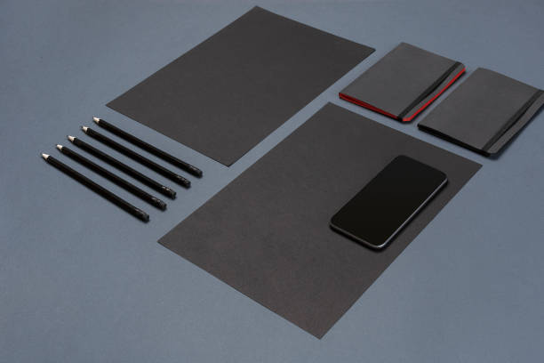 istock Modern mock up flat lay of notebook and stationery on gray background 845946952