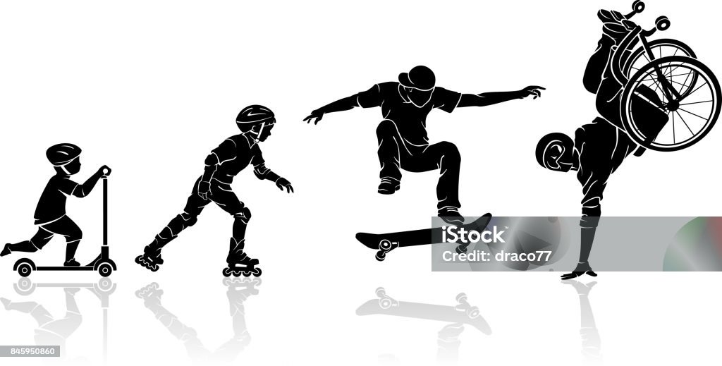 Skateboard Extreme Sport Isolated vector illustration of active male sport evolution. Wheelchair stock vector