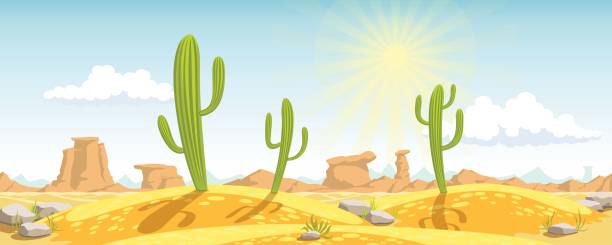 Desert and cactus background Vector illustration. Desert with cactuses, stones, and mountains on the background. waterless stock illustrations