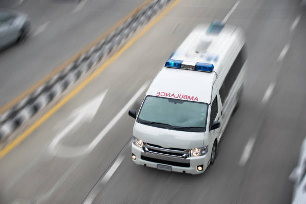 Top view Emergency vehicle motion speed on the road Top view Emergency vehicle motion speed on the road ambulance photos stock pictures, royalty-free photos & images