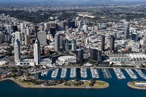 Helicopter point of view of San Diego, USA. Embarcadero Marina Park is visible in the image.