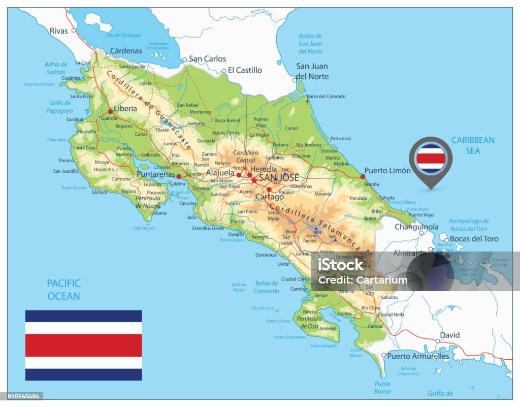 Costa Rica Map Key Costa Rica Physical Map Stock Illustration - Download Image Now ...