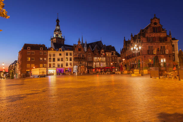 Cityscape of Nijmegen squre city center at dusk twilight stock photo
