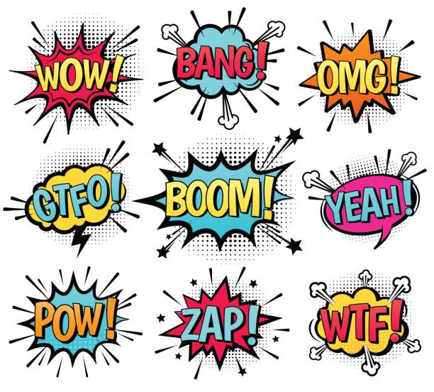 Comic speech bubble set with text. Comic speech bubble set with  text: Wow, Bang, Omg, Gtfo, Boom, Yeah, Pow, Zap, Wtf. Vector cartoon explosions with different emotions isolated on white background. silly stock illustrations