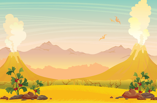 Ilustración de Paisaje De Naturaleza Prehistórica Pterodáctilos Montañas Y Volcanes y más Vectores Libres de Derechos de Era prehistórica - iStock Ilustración de Paisaje De Naturaleza Prehistórica Pterodáctilos Montañas Y Volcanes y más Vectores Libres de Derechos de Era prehistórica - iStock