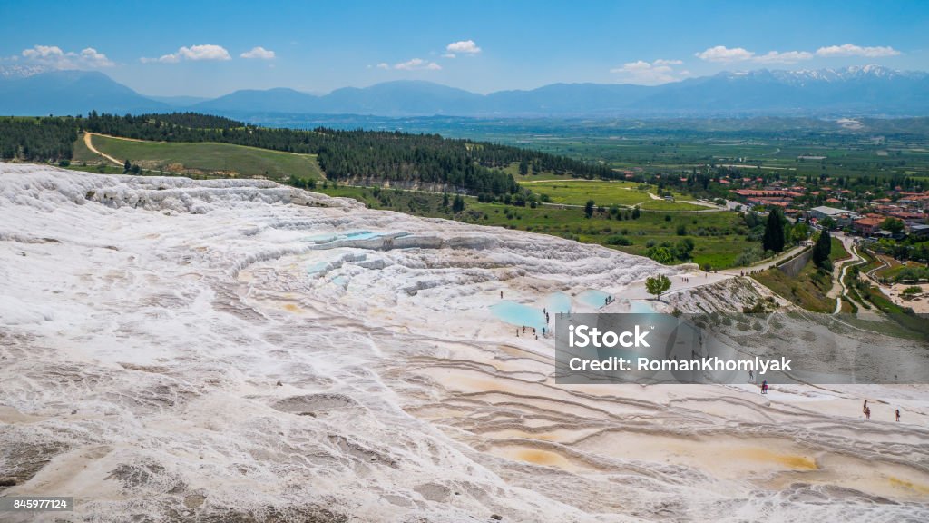 Amazing hot springs and huge white terraces of travertine, left by the flowing water. Pamukkale, Turkey. Ancient Stock Photo