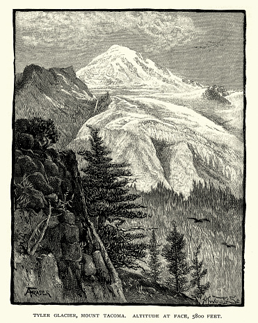 Vintage engraving of Mount Rainier (Tacoma), 19th Century. Mount Rainier, is the highest mountain of the Cascade Range of the Pacific Northwest, and the highest mountain in the U.S. state of Washington.
