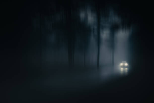coche en carretera con niebla y baja visibilidad. desenfoque añadido - driving night car headlight fotografías e imágenes de stock