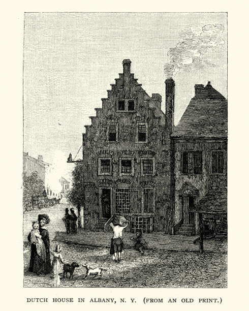 голландский дом в олбани, нью-йорк, 19 век - dutch colonial stock illustrations