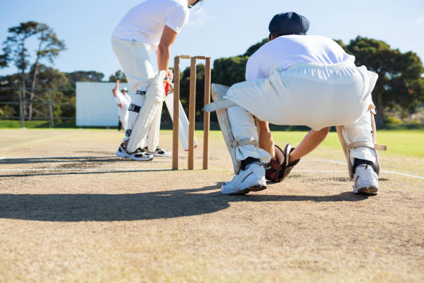 istock Rear view of wicket keeper crouching by stumps during match 845984694
