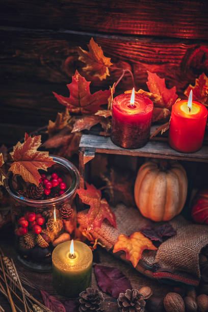 istock Autumn Decoration Background with Candles, Pumpkins, Leafs and Nuts 845985226