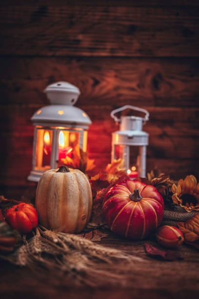 istock Autumn Decoration Background with Candles, Pumpkins, Leafs and Nuts 845985228