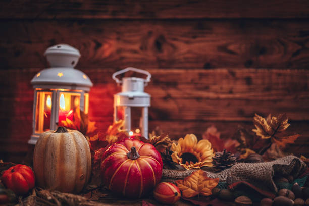 istock Autumn Decoration Background with Candles, Pumpkins, Leafs and Nuts 845985244