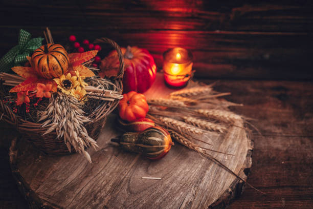 istock Autumn Decoration Background with Candles, Pumpkins, Leafs and Nuts 845985258
