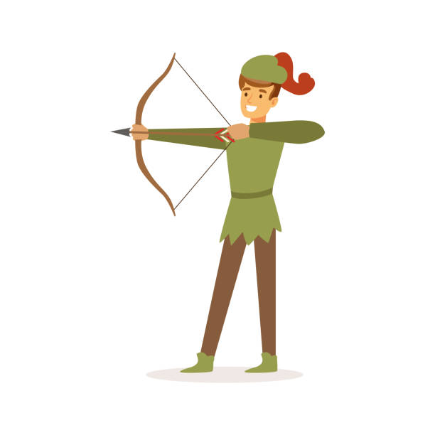 istock Archer aiming with bow, European medieval character in traditional costume colorful vector Illustration 845991874