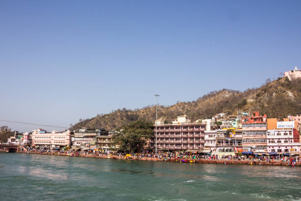 Ghats temples and hotels at Haridwar stock photo