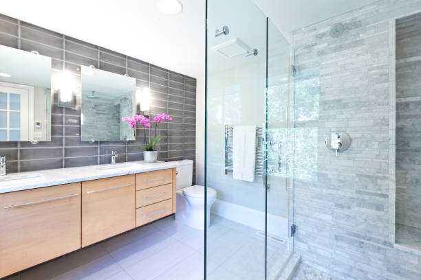 Contemporary Bathroom Design with Glass Shower Stall A contemporary modern bathroom design. Glass enclosed shower stall with marble tiles, vanity and double sink counter. A newly remodeled bathroom. vanity mirror photos stock pictures, royalty-free photos & images