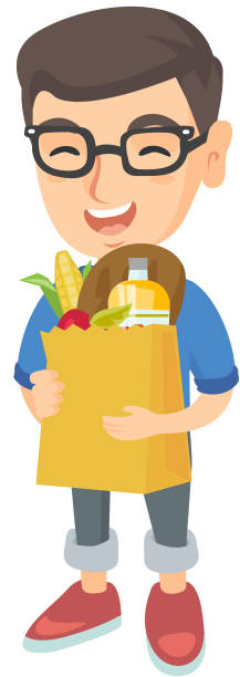 ilustrações de stock, clip art, desenhos animados e ícones de boy holding paper shopping bag full of groceries - shopping bag paper bag retail drawing