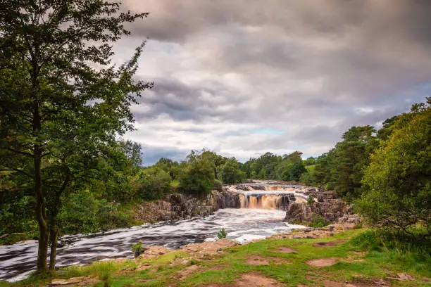 The River Tees cascades over the Whin Sill at Low Force Waterfall, as the Pennine Way follows the southern riverbank