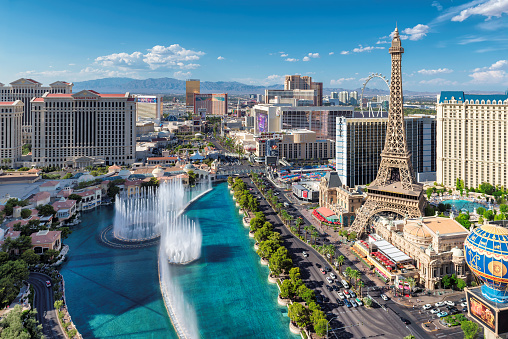 Las Vegas, USA - July 24, 2017: The famous Las Vegas Strip with the Bellagio Fountain Show.