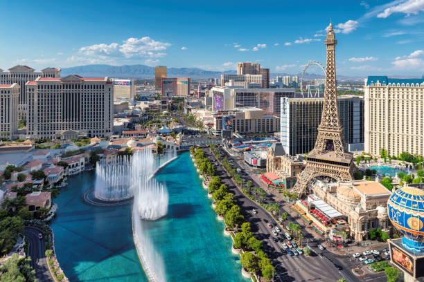 Aerial view of Las Vegas strip Las Vegas, USA - July 24, 2017: The famous Las Vegas Strip with the Bellagio Fountain Show. las vegas photos stock pictures, royalty-free photos & images