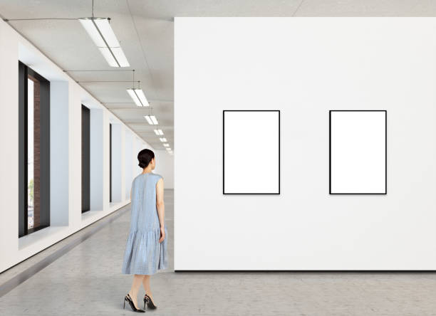 istock Woman looking at blank poster in modern gallery 846014406