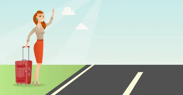 Vector illustration of Young caucasian woman with suitcase hitchhiking