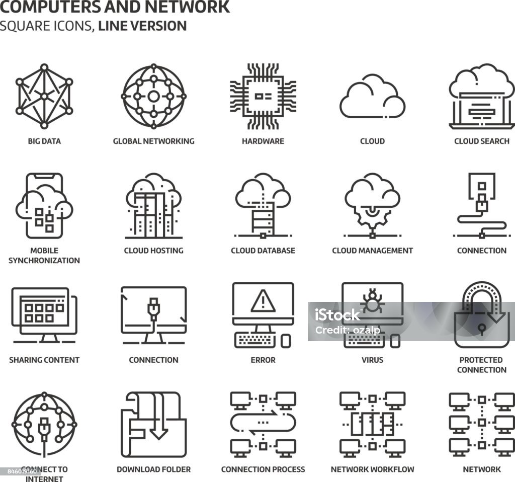 Computer und Netzwerk, quadratische Icon-set - Lizenzfrei Cloud Computing Vektorgrafik
