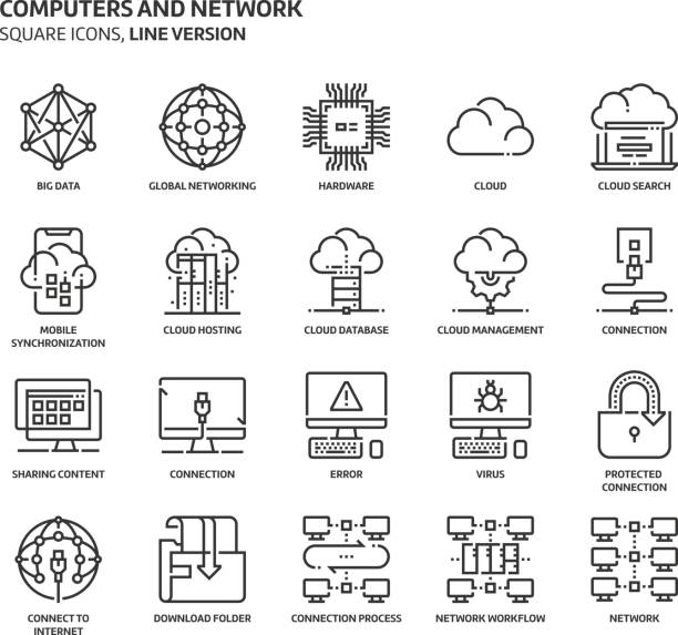 ilustraciones, imágenes clip art, dibujos animados e iconos de stock de equipos y red, conjunto de iconos cuadrados - flowchart symbol computer icon icon set