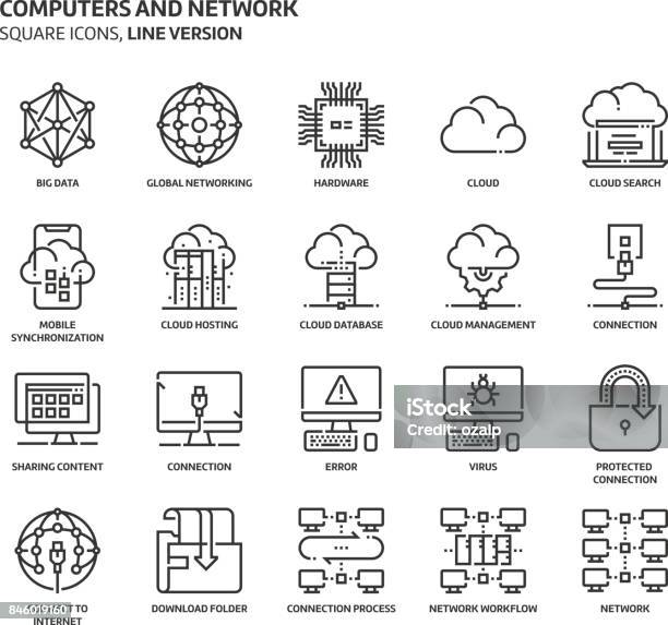 Computers And Network Square Icon Set Stock Illustration - Download Image Now - Cloud Computing, Big Data, Computer Network