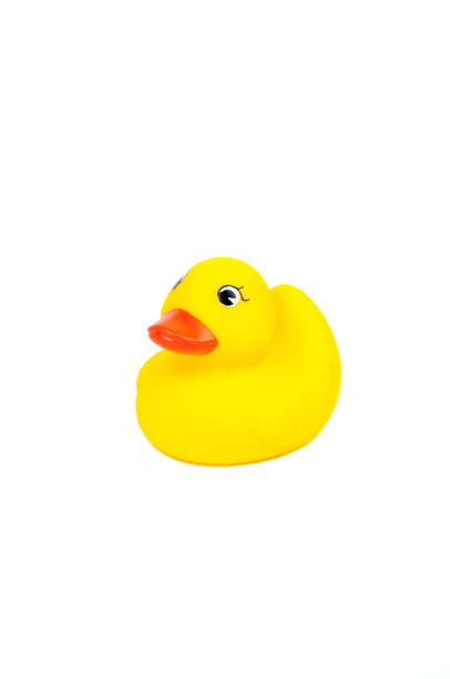 istock Cute yellow rubber duck isolated over white background 846025244