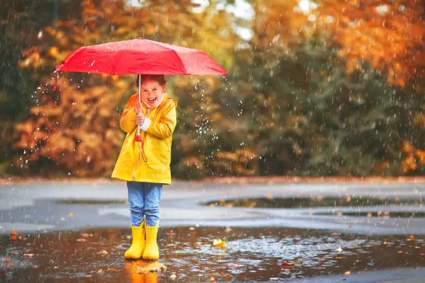 happy child girl with an umbrella and rubber boots in puddle on an autumn walk