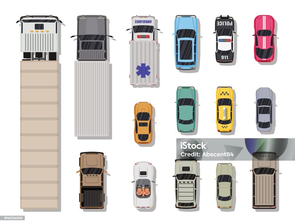 Collection of various vehicles. Top view. Collection of various vehicles. Roadster, taxi, police SUV, ambulance, sedan, truck. Car for transportation, cargo and emergency services. Top view. Vector illustration in flat style Directly Above stock vector