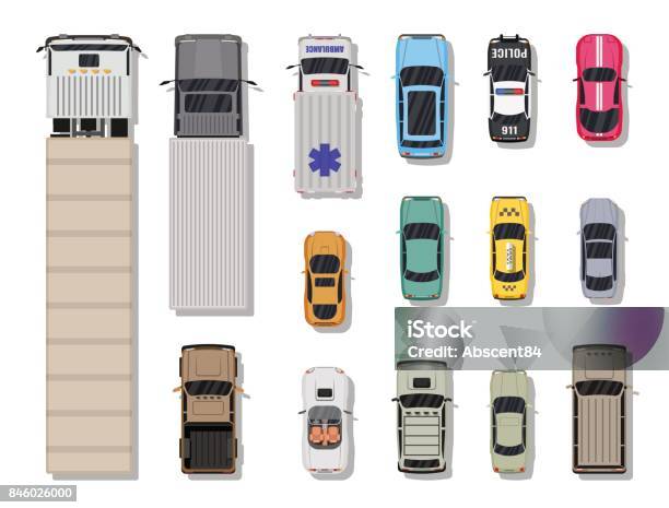 Collection Of Various Vehicles Top View Stock Illustration - Download Image Now - Directly Above, Truck, Pick-up Truck