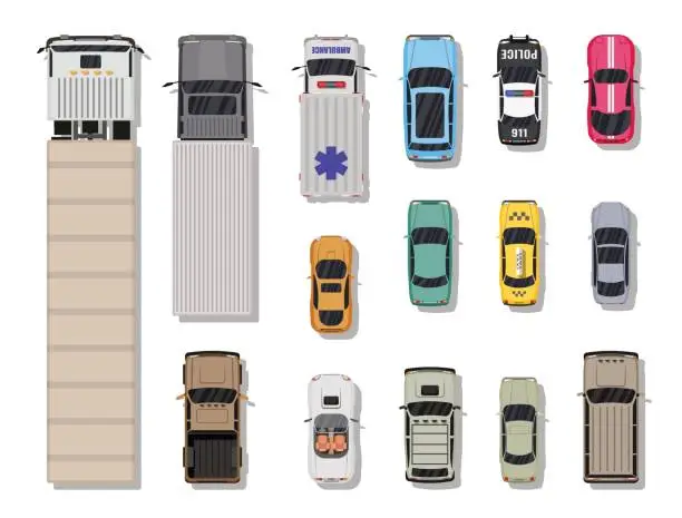 Vector illustration of Collection of various vehicles. Top view.