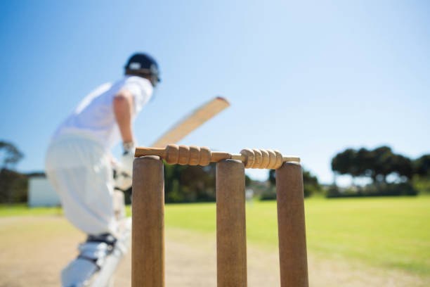Close up of wooden stump by batsman standing on field Close up of wooden stump by batsman standing on field against clear sky batsman photos stock pictures, royalty-free photos & images