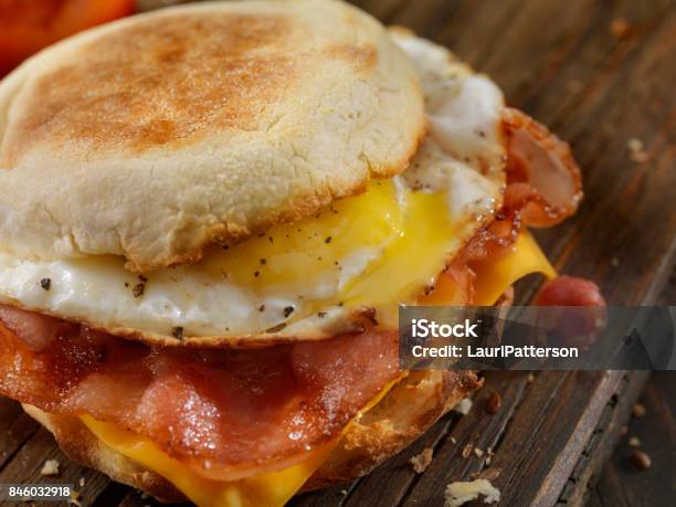 Bacon Egg And Cheese Breakfast Sandwich Stock Photo - Download Image Now - Breakfast, Sandwich, English Muffin