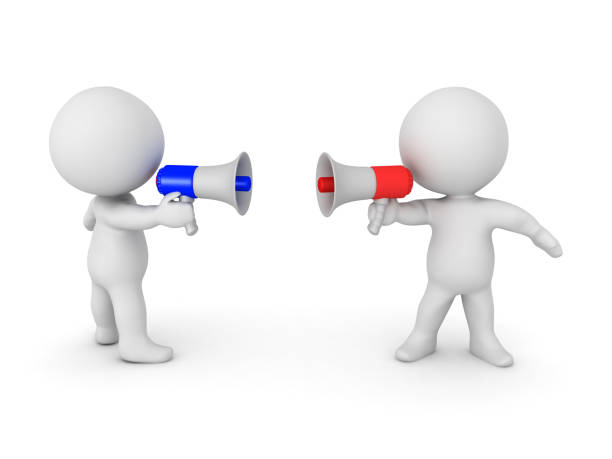 istock Two 3D Characters standing in front of each other holding loudspeakers 846037144