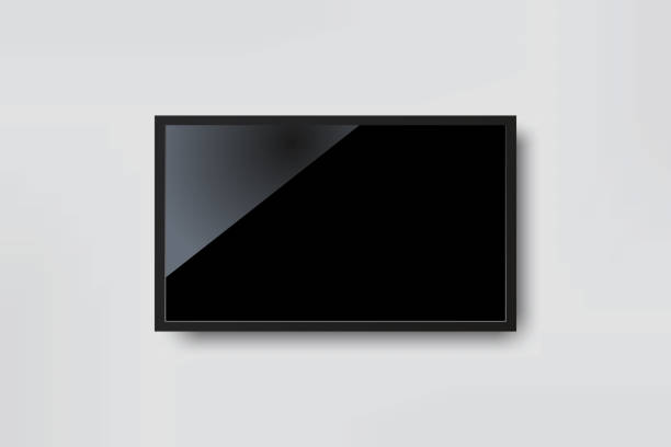schwarz-led-tv-tv-bildschirm auf weiße wand hintergrund leer - flat screen stock-grafiken, -clipart, -cartoons und -symbole